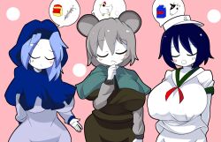 Rule 34 | 3girls, :&lt;, animal ears, bird, blue hair, blue hood, blush stickers, breasts, brown skirt, brown vest, chicken, closed eyes, closed mouth, colored skin, commentary request, cookie (touhou), cow, cowboy shot, dress, egg, flour, flour (cookie), grey dress, grey hair, grey shirt, hair between eyes, hood, hood up, huge breasts, kumoi ichirin, large breasts, lets0020, long sleeves, medium bangs, milk (cookie), milk carton, mouse ears, mouse girl, multiple girls, murasa minamitsu, nazrin, neckerchief, nyon (cookie), open mouth, pink background, red neckerchief, shirt, short hair, shorts, simple background, skirt, skirt set, touhou, vest, white shirt, white shorts, white skin