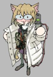 Rule 34 | 1girl, :3, animal ears, blonde hair, blush, bomb, cat ears, cat girl, cat tail, cellphone, coat, detonator, explosive, flip phone, full body, grey background, holding, holding phone, imminent death, imminent suicide, looking at viewer, neco-arc, nose blush, open clothes, open coat, pantsu-ripper, pantyhose, phone, simple background, solo, standing, suicide bomb, surprised, tail, tsukihime, white coat