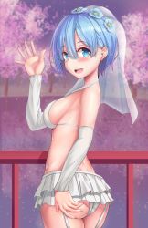 Rule 34 | 1girl, artist name, ass, bare shoulders, blue eyes, blue hair, blurry, blurry background, blush, bra, breasts, bridal veil, cherry blossoms, commentary, detached sleeves, from behind, hair ornament, hand on own ass, highres, kaptivate, large breasts, looking at viewer, outdoors, panties, re:zero kara hajimeru isekai seikatsu, rem (re:zero), short hair, sideboob, signature, skirt, smile, solo, tree, underwear, veil, white bra, white panties, white skirt, white sleeves
