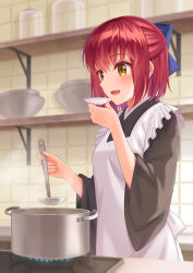 Rule 34 | 1girl, :d, absurdres, apron, black kimono, blue bow, blurry, blush, bow, brown eyes, cooking, depth of field, frilled apron, frills, hair bow, hands up, highres, holding, holding ladle, indoors, japanese clothes, kimono, kitchen, kohaku (tsukihime), ladle, looking away, maid, matsuba moco, open mouth, plate, pot, red hair, shelf, short hair, sidelocks, smile, solo, standing, steam, stove, tasting, tasting plate, tile wall, tiles, tsukihime, wa maid, wide sleeves