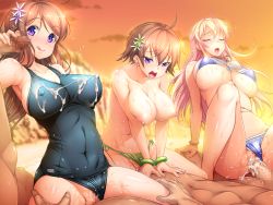 Rule 34 | 3girls, :q, ahoge, ajishio, armpits, beach, bikini, bikini bottom aside, blonde hair, blush, breasts, breasts squeezed together, brown hair, censored, closed eyes, clothed female nude male, clothing aside, covered erect nipples, covered navel, cowgirl position, cum, cum in pussy, cum on body, cum on breasts, cum on upper body, embarrassed, evening, game cg, girl on top, groin, group sex, hair between eyes, handjob, kagurazaka sakura, large breasts, legs, long hair, lying, mosaic censoring, multiple girls, nipples, nude, open mouth, orange eyes, original, outdoors, penis, purple eyes, pussy, sex, short hair, sky, straddling, string bikini, swimsuit, swimsuit aside, thighs, tongue, tongue out, topless, vaginal, venus resort kyonyuu rankou island