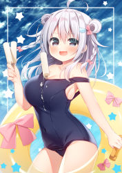 Rule 34 | 1girl, :d, ahoge, bare shoulders, bear hair ornament, black one-piece swimsuit, blue background, blue eyes, blue sky, blush, bow, braid, breasts, cleavage, cloud, cloudy sky, covered navel, day, diagonal stripes, double bun, food, food between breasts, grey hair, hair between eyes, hair bow, hair bun, hair ornament, hanamiya natsuka, holding, holding food, ice cream, innertube, large breasts, long hair, looking at viewer, old school swimsuit, one-piece swimsuit, open mouth, original, outdoors, pink bow, school swimsuit, sky, smile, solo, star (symbol), strap slip, striped, striped background, swim ring, swimsuit, twin braids, two side up, white background