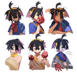 Rule 34 | 1boy, 1other, apple, black hair, blue shirt, blush, candy apple, closed eyes, closed mouth, collared shirt, creatures (company), crossed bangs, eating, english text, flying sweatdrops, food, fruit, game freak, gloves, hair between eyes, highres, holding, holding food, holding fruit, jacket, japanese clothes, kieran (pokemon), knifedragon, long sleeves, male focus, mole, mole on neck, multicolored hair, multiple views, nintendo, one eye closed, orange eyes, parted lips, partially fingerless gloves, pokemon, pokemon sv, purple hair, red gloves, shirt, short sleeves, simple background, single glove, sweat, topless male, upper body, white background