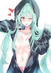 Rule 34 | 1girl, ;p, alternate costume, aqua hair, arms up, bad id, bad pixiv id, black jacket, blue eyes, blush, breasts, collarbone, commentary request, hands in hair, hatsune miku, heart, highres, hood, hood up, hooded jacket, jacket, jjkl9195, long hair, long sleeves, navel, no bra, number tattoo, one eye closed, open clothes, open jacket, pubic tattoo, simple background, sleeves past wrists, small breasts, solo, tattoo, tongue, tongue out, twintails, upper body, very long hair, vocaloid, white background