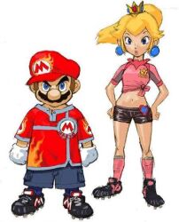 Rule 34 | 1boy, 1girl, blue eyes, brown hair, concept art, cropped, crown, earrings, full body, gloves, hand on own hip, hat, jewelry, legs, looking at viewer, mario, mario (series), midriff, navel, nintendo, official art, ponytail, princess peach, serious, shorts, standing, super mario strikers, thigh gap