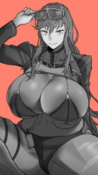 Rule 34 | 1girl, absurdres, adjusting eyewear, bikini over clothes, bodystocking, breasts, closed mouth, eyewear on head, fukamichi ran&#039;ou, goddess of victory: nikke, greyscale, hand on eyewear, highres, huge breasts, jacket, leather, leather jacket, long hair, looking at viewer, monochrome, open clothes, open jacket, orange background, sidelocks, smile, solo, sunglasses, torn bodystocking, torn clothes, volume (nikke)