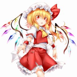 Rule 34 | 1girl, belt, blonde hair, blush, bow, breasts, collar, crystal, eyes visible through hair, flandre scarlet, frills, hair between eyes, hat, hat ribbon, highres, looking at viewer, marukyuu ameya, mob cap, multicolored wings, nail polish, open mouth, ponytail, puffy short sleeves, puffy sleeves, red eyes, red nails, red ribbon, red skirt, red vest, ribbon, shirt, short hair, short sleeves, simple background, skirt, small breasts, solo, standing, touhou, vest, white background, white belt, white bow, white collar, white hat, white shirt, white sleeves, wings, wrist cuffs, yellow neckwear