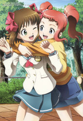 Rule 34 | 00s, 2girls, :d, ;d, absurdres, amami haruka, blazer, blue eyes, blush, bow, brown hair, bush, buttons, casual, cheek-to-cheek, clenched hands, clothes lift, cowboy shot, day, denim, denim shorts, grass, green eyes, hair bow, heads together, highres, hug, hug from behind, idolmaster, idolmaster xenoglossia, jacket, leaning forward, leg lift, megami magazine, multiple girls, nature, non-web source, official art, one eye closed, open mouth, outdoors, pink bow, pleated skirt, profile, raglan sleeves, railing, red hair, scan, school uniform, scrunchie, serafuku, shirt, shoes, short hair, short twintails, shorts, sidelocks, skirt, skirt lift, sky, smile, sneakers, standing, standing on one leg, striped, sweater, takatsuki yayoi, takeuchi hiroshi, tile floor, tiles, tree, twintails, wince, wind, wind lift, wink