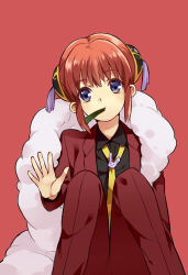 Rule 34 | 1girl, black shirt, blue eyes, dress shirt, esikodama, gintama, head tilt, jacket, kagura (gintama), looking at viewer, necktie, open clothes, open jacket, pants, red background, red hair, red jacket, red pants, shirt, short hair with long locks, sidelocks, simple background, sitting, solo, yellow necktie