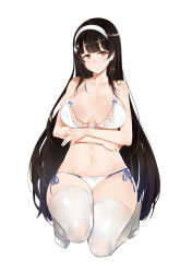 Rule 34 | 1girl, absurdres, artist name, bikini, black hair, breasts, brown eyes, cleavage, closed mouth, curvy, dickbomber, front-tie bikini top, front-tie top, full body, girls&#039; frontline, hairband, highres, kneeling, large breasts, long hair, looking at viewer, official alternate costume, side-tie bikini bottom, simple background, smile, solo, swimsuit, thighhighs, type 95 (girls&#039; frontline), type 95 (summer cicada) (girls&#039; frontline), very long hair, white background, white bikini, white thighhighs, wide hips
