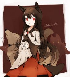 Rule 34 | 1girl, abukawa honpo, animal ears, brown hair, expressionless, highres, imaizumi kagerou, long hair, looking at viewer, red eyes, shirt, skirt, tail, touhou, twitter username, wide sleeves, wolf, wolf ears, wolf tail