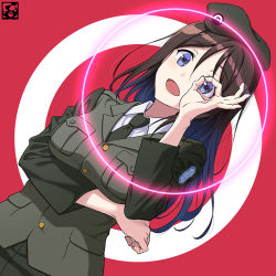 Rule 34 | 1girl, artist logo, bad id, bad twitter id, brown hair, circle, commentary request, girls und panzer, hand over eye, hat, megumi (girls und panzer), necktie, open mouth, pairan, purple eyes, purple hair, selection university military uniform, smile, solo