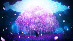 Rule 34 | 1boy, 1other, against tree, ambiguous gender, caustics, cherry blossoms, color drain, commentary request, flower, flower request, highres, hugging own legs, immersed, original, outdoors, petals, scenery, shoal, short hair, shuu illust, signature, sitting, standing, submerged, tree, underwater, very wide shot