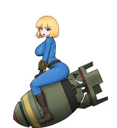 1girl :d blonde_hair blue_bodysuit blue_eyes blush bodysuit bomb boots breasts brown_footwear cocktiel77 commentary english_commentary explosive fallout_(series) from_side highres looking_at_viewer medium_hair nuclear_weapon open_mouth pip_boy radiation_symbol simple_background smile solo vault_girl white_background