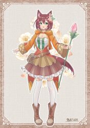 Rule 34 | 1girl, :3, absurdres, animal ears, bag, belt, blush, boots, breasts, brown hair, cat ears, cat girl, cat tail, cleavage, cropped jacket, dress, flower, frilled dress, frills, full body, green eyes, hair flower, hair ornament, highres, holding, holding staff, hood, hooded jacket, jacket, long sleeves, looking at viewer, marian oekaki, medium breasts, open mouth, original, satchel, short hair, smile, solo, staff, strapless, strapless dress, tail, thighhighs