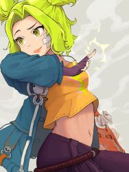 Rule 34 | absurdres, bandaid, bandaid on face, blue jacket, bolt, brown gloves, brown pants, cherii (cherry sister), electricity, electrokinesis, finger gun, fingerless gloves, gloves, green eyes, green hair, gun, highres, jacket, league of legends, lightning bolt symbol, midriff, navel, open clothes, open jacket, pants, parted bangs, raised eyebrow, tank top, twintails, weapon, yellow tank top, zeri (league of legends)