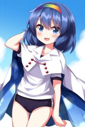 Rule 34 | 1girl, alternate costume, arm behind head, black buruma, blue eyes, blue hair, blush, buruma, cape, collarbone, commentary request, cowboy shot, dot nose, eyes visible through hair, gym uniform, hair between eyes, hairband, highres, looking at viewer, medium hair, multicolored hairband, open mouth, print cape, rainbow gradient, rainbow hairband, ruu (tksymkw), shirt, sky print, solo, split mouth, standing, tenkyuu chimata, touhou, two-sided cape, two-sided fabric, white cape, white shirt