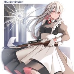 Rule 34 | 1girl, absurdres, anzu 1026, apron, bolt action, breasts, brooch, closed mouth, commission, copyright request, english text, gun, hair between eyes, highres, holding, holding gun, holding weapon, jewelry, long hair, long sleeves, looking at viewer, m1903 springfield, maid, maid apron, maid headdress, medium breasts, puffy sleeves, red eyes, rifle, scope, sleeve cuffs, smile, solo, weapon, weapon request, white hair