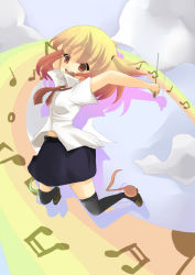 Rule 34 | 1girl, brown eyes, music, musical note, necktie, open mouth, original, rainbow, rainbow path, skirt, solo, thighhighs, toda ayu, two side up