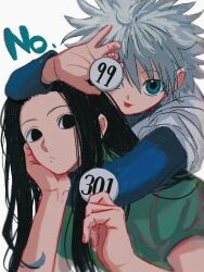 Rule 34 | 2boys, :p, badge, black eyes, black hair, blue eyes, brothers, commentary request, grey hair, hand on own face, highres, hunter x hunter, illumi zoldyck, killua zoldyck, leaning on person, long hair, looking at viewer, male focus, multiple boys, short hair, siblings, thicopoyo, tongue, tongue out