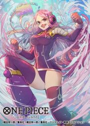 Rule 34 | 1girl, aura, boots, breasts, clenched hands, commentary request, copyright name, green eyes, jewelry bonney, leotard, long hair, medium breasts, nanahara shie, official art, one piece, one piece card game, open mouth, pink hair, red footwear, red leotard, red lips, red thighhighs, solo, teeth, thighhighs
