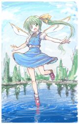 Rule 34 | 1girl, :d, aokukou, arms up, blue skirt, blue vest, border, breasts, commentary request, daiyousei, day, fairy wings, fingernails, frills, full body, green eyes, green hair, hair ribbon, happy, highres, long hair, looking at viewer, mary janes, neck ribbon, one side up, open mouth, outdoors, outstretched arms, petticoat, puffy short sleeves, puffy sleeves, reflection, ribbon, ripples, shoes, short hair with long locks, short sleeves, skirt, skirt set, sky, small breasts, smile, solo, standing, standing on one leg, tiptoes, touhou, tree, very long hair, vest, white border, wing collar, wings, yellow ribbon