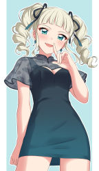 Rule 34 | 1girl, absurdres, aikatsu!, aikatsu! (series), aqua background, aqua dress, aqua ribbon, bare legs, black dress, black ribbon, blunt bangs, border, china dress, chinese clothes, cleavage cutout, clothing cutout, cowboy shot, diamond (shape), dress, drill hair, earrings, fang, finger to mouth, floral print, gradient dress, gradient ribbon, green eyes, hair ribbon, highres, index finger raised, jewelry, lips, looking at viewer, open mouth, ribbon, rose print, see-through, see-through sleeves, sekina, short sleeves, shushing, silver hair, simple background, smile, solo, thighhighs, todo yurika, twin drills, white border