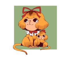 Rule 34 | :3, animal ears, animalization, bow, brown eyes, frilled shirt collar, frills, hug, medicine melancholy, monkey, monkey ears, monkey tail, no humans, onikobe rin, red bow, red neckwear, red ribbon, ribbon, sitting, size difference, smile, su-san, tail, touhou
