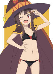 Rule 34 | 1girl, ;d, absurdres, black bra, black cape, black hair, black panties, bow, bow bra, bra, breasts, cape, eyepatch, eyepatch lift, frilled bra, frilled panties, frills, happy, hat, highres, kono subarashii sekai ni shukufuku wo!, lifted by self, looking at viewer, megumin, navel, one eye closed, open mouth, panties, red eyes, short hair, short hair with long locks, side-tie panties, small breasts, smile, solo, underwear, underwear only, witch hat, yamamoto shuuhei