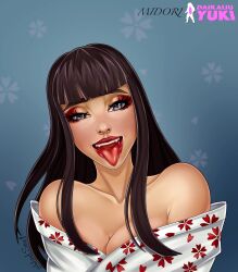 Rule 34 | 1girl, absurdres, asian, bare shoulders, bisexual female, black hair, blunt bangs, breasts, cleavage, close-up, daikaiju yuki, eyelashes, eyeshadow, face focus, floral print, flower, furisode, half-closed eyes, highres, hime cut, japanese clothes, kimono, lips, long hair, looking at viewer, makeup, mascara, medium breasts, midori (daikaiju yuki), naughty face, open clothes, open kimono, open mouth, portrait, red eyeshadow, red flower, red lips, seductive smile, smile, solo, straight hair, teeth, tongue, tongue out, undressing, upper body, upper teeth only, white kimono, windsoul