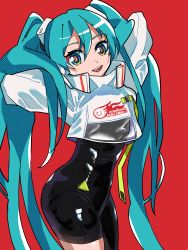 Rule 34 | 1girl, aqua eyes, aqua hair, arms up, ass, asymmetrical bodysuit, black bodysuit, bodysuit, crop top, crop top overhang, cropped jacket, from side, goodsmile racing, hair between eyes, hairpods, hatsune miku, highres, long hair, long sleeves, looking at viewer, looking to the side, open mouth, puffy long sleeves, puffy sleeves, racing miku, racing miku (2022), red background, see-through, shiny clothes, shrug (clothing), sidelocks, simple background, standing, sugarmonaka, twintails, very long hair, vocaloid