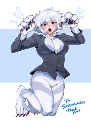 Rule 34 | 1girl, absurdres, animal feet, animal hands, black jacket, blue background, breasts, claw pose, claws, collared shirt, commentary request, commissioner name, fangs, fujita (umeeda fuji), full body, hands up, highres, indie virtual youtuber, jacket, large breasts, long sleeves, looking at viewer, monster girl, necktie, no pants, open mouth, red eyes, sasquatchulous, shirt, short hair, sidelocks, simple background, slit pupils, solo, thank you, two-tone background, white background, white fur, white hair, white necktie
