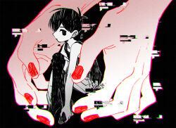Rule 34 | 1boy, bare arms, bare shoulders, black background, black eyes, black hair, black tank top, black thighhighs, colored skin, distortion, expressionless, floating, full body, glitch, hands on own feet, knees up, looking at viewer, male focus, no pupils, omori, omori (omori), out of frame, red nails, short hair, simple background, size difference, tank top, thighhighs, toastytoast, white skin