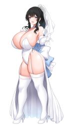 Rule 34 | 1girl, :d, absurdres, bare shoulders, black hair, blue eyes, breasts, cleavage, commission, covered navel, elbow gloves, full body, garter straps, gloves, high heels, highres, huge breasts, leotard, long hair, looking at viewer, open mouth, original, ponytail, simple background, skeb commission, smile, solo, standing, suruga (xsurugax), thick thighs, thighhighs, thighs, white background, white footwear, white garter straps, white gloves, white leotard, white thighhighs