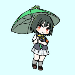 Rule 34 | 1girl, armband, black vest, brown footwear, closed mouth, commentary request, fang, fang out, frog, full body, green hair, grey socks, holding, holding umbrella, kneehighs, looking at viewer, love live!, love live! nijigasaki high school idol club, mifune shioriko, neck ribbon, nijigasaki school uniform, plaid, plaid skirt, pleated skirt, red armband, red eyes, ribbon, school uniform, shinanoya (satanicad), shirt, short hair, short sleeves, skirt, smile, socks, solo, standing, standing on one leg, umbrella, vest, white background, white shirt, white skirt, yellow ribbon