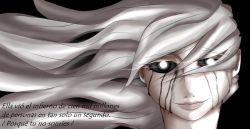 Rule 34 | 1girl, black background, black blood, black eyes, black sclera, blood, bright pupils, colored blood, colored sclera, crying, floating hair, looking at viewer, non-web source, original, simple background, smile, solo, spanish text, white hair, white pupils, wind