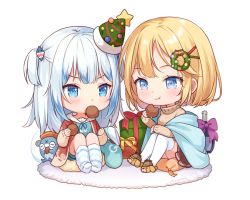 Rule 34 | 2girls, :t, animal slippers, blonde hair, bloop (gawr gura), blue eyes, blue hair, blue shorts, bow, box, brown footwear, brown jacket, brown skirt, brown sweater, chibi, christmas tree hat, christmas wreath, closed mouth, eating, food, food in mouth, gawr gura, gift, gift box, green headwear, hair ornament, hairclip, hat, holding, holding food, hololive, hololive english, jacket, knees up, long sleeves, mini hat, moorina, mouth hold, multicolored hair, multiple girls, no shoes, open clothes, open jacket, pleated skirt, purple bow, short shorts, shorts, simple background, sitting, skirt, sleeves past wrists, slippers, socks, star (symbol), streaked hair, striped clothes, striped legwear, striped socks, sweater, tilted headwear, turtleneck, turtleneck sweater, two side up, v-shaped eyebrows, virtual youtuber, watson amelia, white background, white hair, wreath