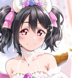 Rule 34 | 1girl, bare shoulders, black hair, blue flower, blue rose, blush, closed mouth, earrings, flower, hair flower, hair ornament, hairband, highres, jewelry, looking at viewer, love live!, love live! school idol project, medium hair, pink flower, pink rose, portrait, red eyes, rose, smile, solo, twintails, upper body, yazawa nico, yopparai oni