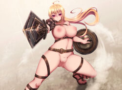 Rule 34 | 1girl, akina t, bar censor, blonde hair, blush, breasts, censored, cleft of venus, elf, female focus, highres, large breasts, long hair, looking at viewer, nipples, nude, pointy ears, pussy, red eyes, shield, solo, standing, sword, warrior, weapon