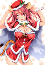 Rule 34 | 1girl, absurdres, animal ears, arms up, bell, blush, bottomless, breasts, cape, christmas, cleavage, hat, highres, jingle bell, kikurage (plastic people), large breasts, leaf, long hair, no panties, open mouth, pink eyes, pink hair, santa costume, scan, see-through, smile, snowflakes, snowman, solo, sparkle, tail, tiger ears, tiger tail