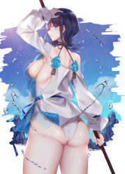 Rule 34 | 1girl, absurdres, aged up, ass, back, bare shoulders, black hair, blue eyes, blue ribbon, blue sky, blush, breasts, closed mouth, dress, fate/grand order, fate/requiem, fate (series), fundoshi, highres, hitomin (ksws7544), japanese clothes, jewelry, large breasts, long sleeves, looking at viewer, looking back, magatama, medium hair, necklace, pelvic curtain, polearm, puffy long sleeves, puffy sleeves, ribbon, seigaiha, short dress, sideboob, sideless outfit, sky, spear, thighs, two-sided fabric, two-sided skirt, utsumi erice, water drop, weapon, white dress