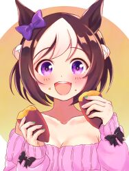 Rule 34 | 1girl, alternate costume, animal ears, bare shoulders, bow, breasts, cleavage, ear bow, food, green nails, highres, holding, holding food, horse ears, horse girl, long sleeves, medium breasts, mochitsuki wataame, multicolored hair, multicolored nails, nail polish, pink sweater, purple eyes, short hair, smile, solo, special week (umamusume), streaked hair, sweater, sweet potato, teeth, umamusume, upper teeth only, white nails