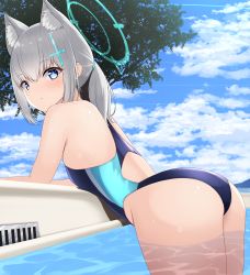 Rule 34 | 1girl, absurdres, animal ear fluff, animal ears, ass, black one-piece swimsuit, blue archive, blue eyes, blue sky, cloud, competition swimsuit, cowboy shot, cross hair ornament, day, extra ears, from behind, grey hair, hair ornament, halo, highres, leaning forward, looking at viewer, low ponytail, medium hair, mismatched pupils, multicolored clothes, multicolored swimsuit, nokonoko, one-piece swimsuit, outdoors, shiroko (blue archive), shiroko (swimsuit) (blue archive), sky, solo, swimsuit, tree, water