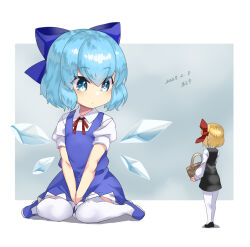 Rule 34 | 2girls, araki (qbthgry), artist name, black footwear, black skirt, black vest, blonde hair, blue bow, blue dress, blue eyes, blue footwear, blue hair, bow, cirno, collared shirt, dated, detached wings, dress, fairy, hair between eyes, hair bow, hair ribbon, ice, ice wings, long sleeves, multiple girls, pantyhose, puffy short sleeves, puffy sleeves, red ribbon, ribbon, rumia, shirt, shoes, short hair, short sleeves, signature, size difference, skirt, thighhighs, touhou, vest, white pantyhose, white shirt, white thighhighs, wings