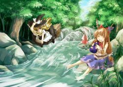 Rule 34 | 3girls, bare shoulders, barefoot, belt, blonde hair, blue eyes, bow, broom, broom riding, brown hair, bubble, closed eyes, day, detached sleeves, dress, fang, female focus, forest, from behind, gourd, grass, hair bow, hair ribbon, hair tie, hair tubes, hakurei reimu, hat, hat ribbon, holding, horn ornament, horn ribbon, horns, ibuki suika, japanese clothes, kirisame marisa, long hair, makuwauri, miko, multiple girls, nature, open mouth, orange hair, plant, ribbon, river, riverbank, rock, shirt, shoes, skirt, sky, sleeveless, sleeveless shirt, smile, soaking feet, socks, touhou, tree, water, white legwear, witch, witch hat, wrist cuffs