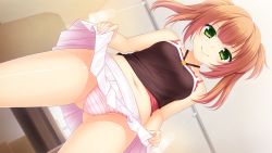 Rule 34 | 1girl, agekichi, asato saki, bare shoulders, blush, breasts, closed mouth, clothes lift, female focus, from below, game cg, giuniu, gluteal fold, green eyes, groin, hair between eyes, happy, indoors, kenja no okuri imouto, legs, legs apart, lifted by self, looking at viewer, midriff, navel, orange hair, original, panties, pantyshot, skirt, skirt lift, sleeveless, small breasts, smile, solo, standing, striped clothes, striped panties, tank top, thighs, twintails, underwear, white skirt