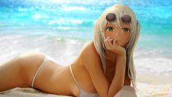 Rule 34 | 1girl, alternate costume, arm support, beach, beach towel, bikini, blonde hair, blurry, blurry background, blush, breasts, chan1moon, closed mouth, commentary, cowboy shot, dark-skinned female, dark skin, day, english commentary, eyewear on head, hair ornament, head rest, hololive, hololive english, long hair, looking at viewer, lying, medium breasts, ocean, on stomach, outdoors, planet hair ornament, smile, solo, string bikini, sunglasses, swimsuit, tinted eyewear, towel, tsukumo sana, twintails, virtual youtuber, white bikini, yellow eyes
