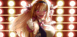 Rule 34 | 1girl, :d, absurdres, ahoge, alternate costume, backlighting, blonde hair, blush, breasts, chinese commentary, clenched hand, commentary request, dragon horns, dress, eyelashes, gloves, hairband, highres, hololive, horn ornament, horn ribbon, horns, idol, kiryu coco, large breasts, long hair, looking at viewer, mixed-language commentary, multicolored hair, neck ribbon, open mouth, orange hair, outstretched hand, partial commentary, pink eyes, pink ribbon, pointy ears, ribbon, sleeveless, smile, solo, stage lights, streaked hair, striped ribbon, two-tone hair, upper body, virtual youtuber, white dress, white gloves, xiaoju xiaojie