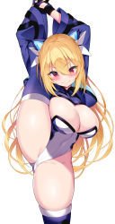 Rule 34 | 1girl, absurdres, arms up, black gloves, blonde hair, blue thighhighs, blush, breasts, cleavage, closed mouth, commission, fingerless gloves, gloves, hair between eyes, hair ornament, highleg, highleg leotard, highres, ichi-jirushi, large breasts, leotard, long hair, long sleeves, looking at viewer, partially visible vulva, phantasy star, phantasy star online 2, pink eyes, sidelocks, simple background, skeb commission, smile, solo, split, standing, standing on one leg, standing split, thighhighs, thighs, valgiris, white background