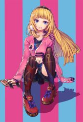 Rule 34 | 10s, 1girl, alternate costume, badge, bazooka oiran, bike shorts, black hair, blonde hair, blue eyes, blush, book, button badge, cagliostro (granblue fantasy), casual, contemporary, full body, granblue fantasy, hairband, jacket, jewelry, long hair, looking at viewer, necklace, open clothes, open jacket, shirt, shoes, silhouette, sitting, sleeves past wrists, sneakers, solo, spiked hairband, spikes, striped, striped background, thighhighs, vertical stripes